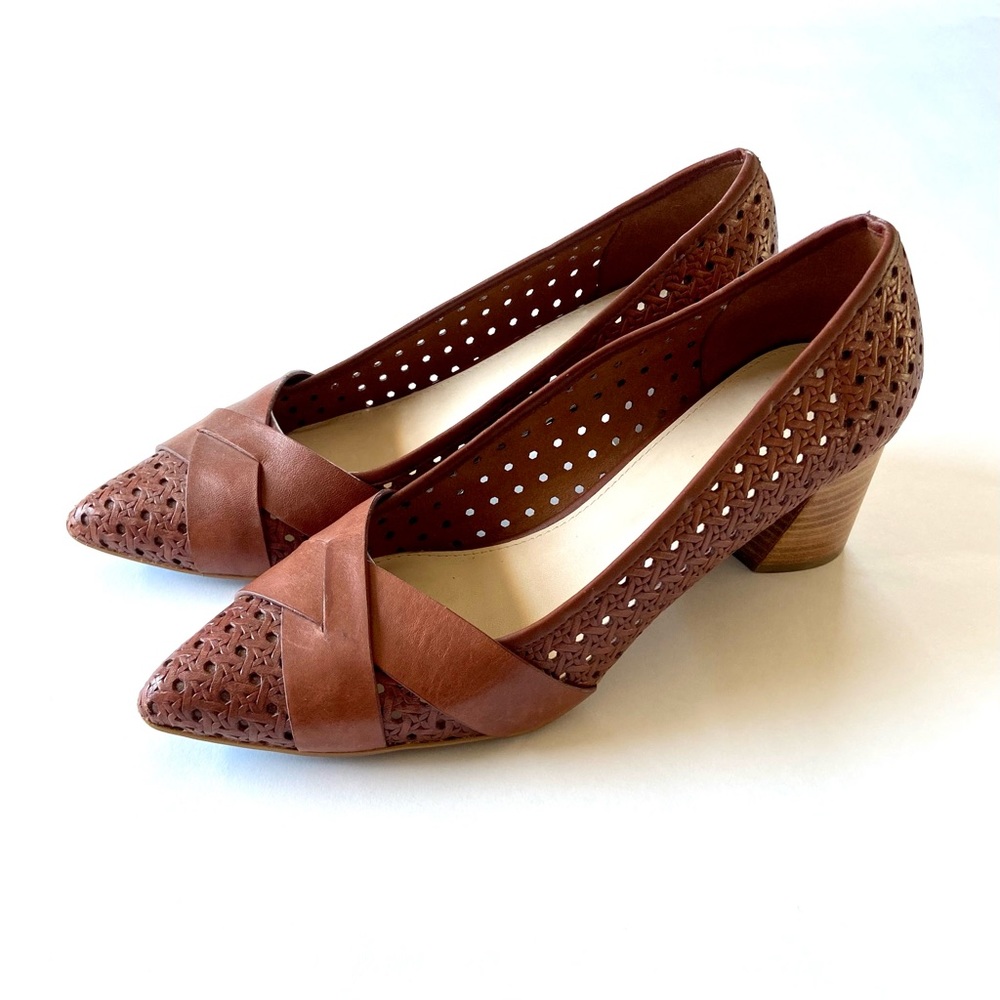 Cole Haan Brown Leather Block Heels With Eyelet Woven Detail